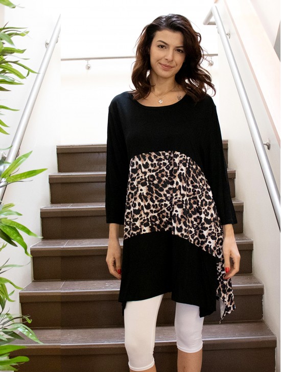 Sleeved Fashion Top W/ Leopard Print Pattern 